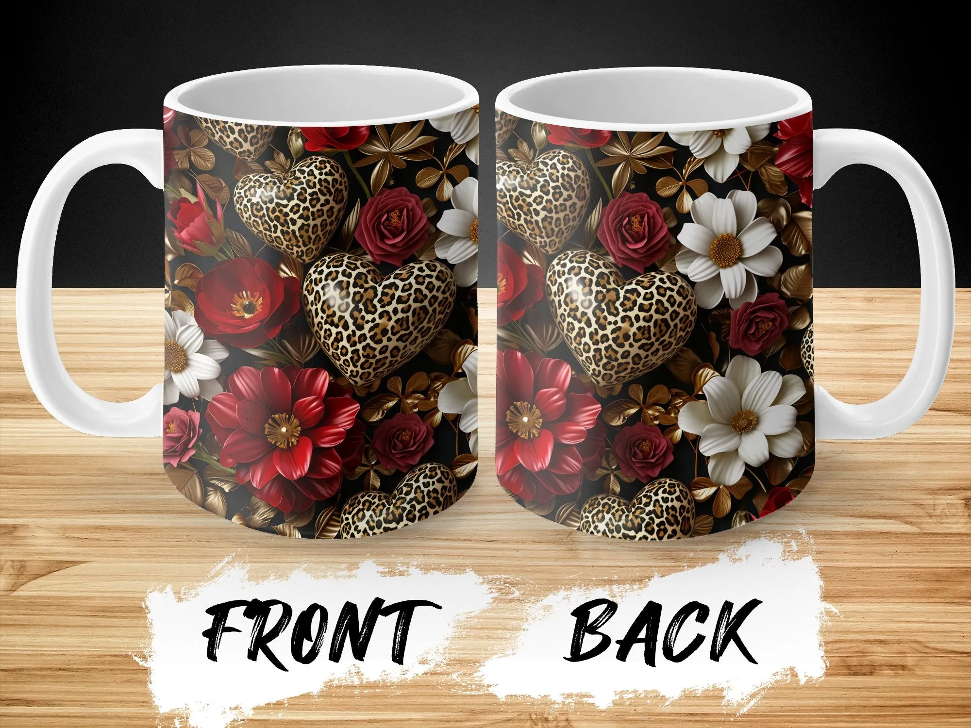 Floral Leopard Heart Mug, Unique Floral Pattern Coffee Cup, Gift for Her, Animal Print Design, Botanical Chic Kitchenware, Artistic Mug