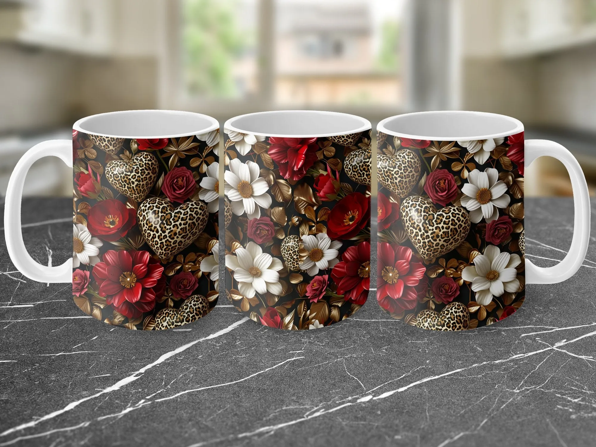 Floral Leopard Heart Mug, Unique Floral Pattern Coffee Cup, Gift for Her, Animal Print Design, Botanical Chic Kitchenware, Artistic Mug