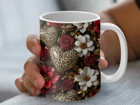 Floral Leopard Heart Mug, Unique Floral Pattern Coffee Cup, Gift for Her, Animal Print Design, Botanical Chic Kitchenware, Artistic Mug