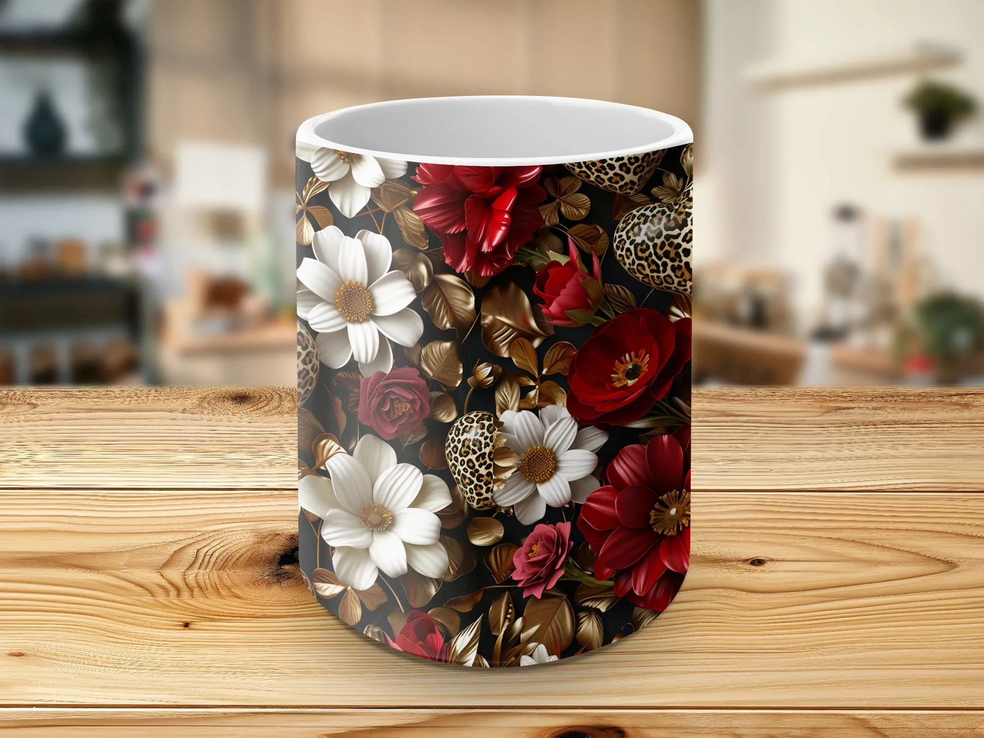 Floral Leopard Heart Mug, Unique Floral Pattern Coffee Cup, Gift for Her, Animal Print Design, Botanical Chic Kitchenware, Artistic Mug