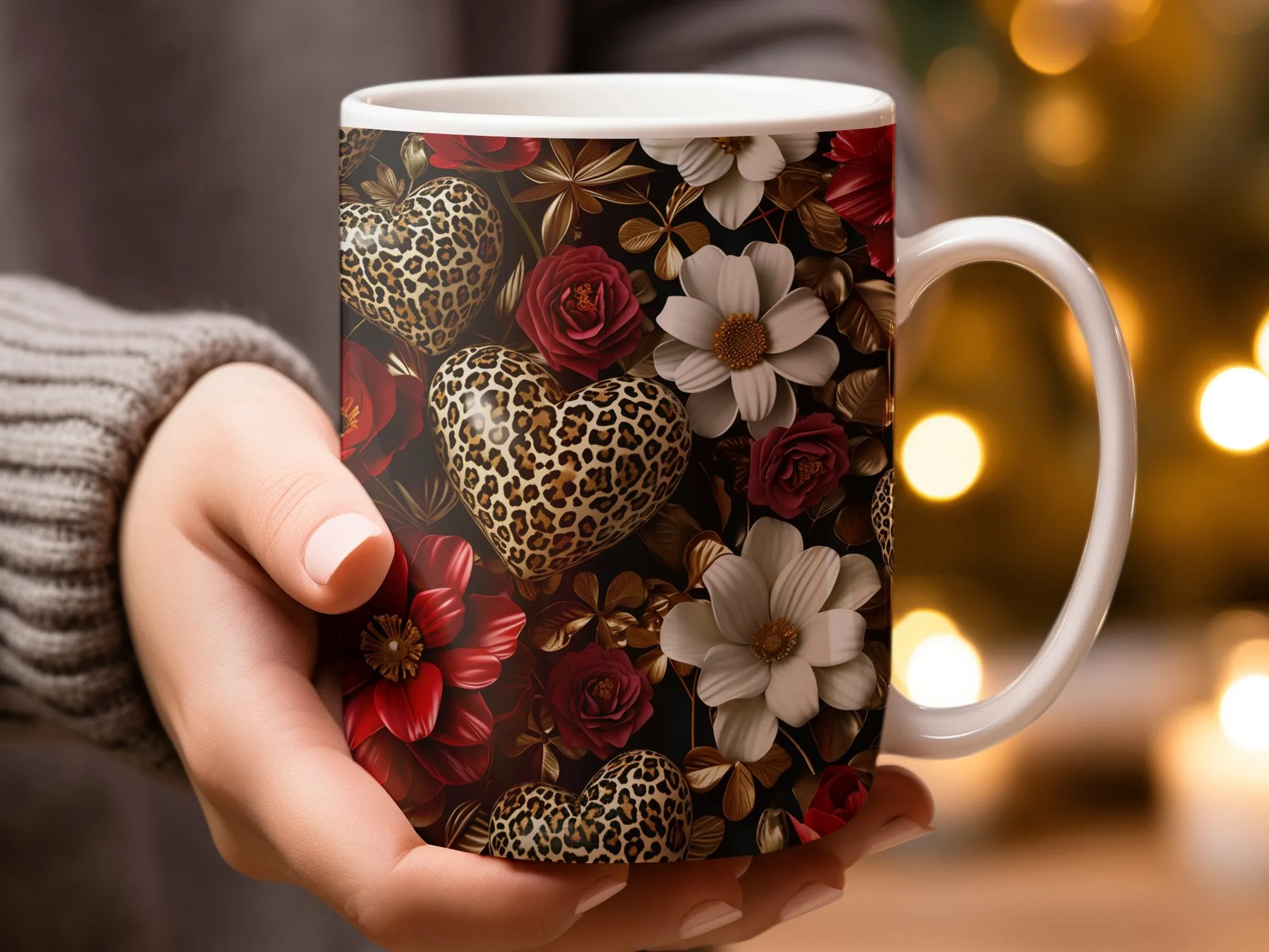 Floral Leopard Heart Mug, Unique Floral Pattern Coffee Cup, Gift for Her, Animal Print Design, Botanical Chic Kitchenware, Artistic Mug