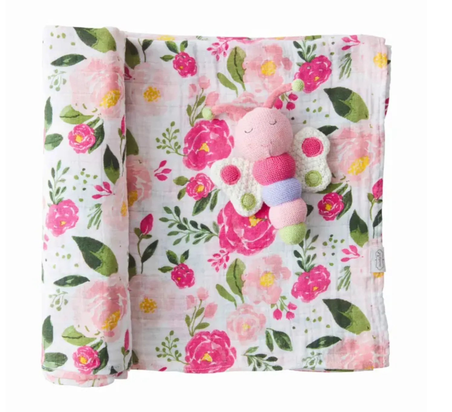 floral swaddle & rattle set