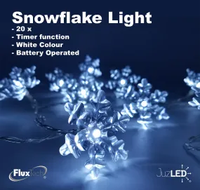 FluxTech - Snowflake x 20 Cool White LED Lights by JustLED – Timer function - Battery Operated