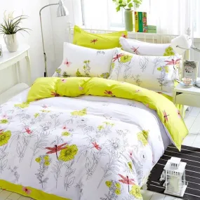 Fresh Blossoms and Dragonflies Print Luxury 4-Piece Cotton Bedding Sets/Duvet Cover