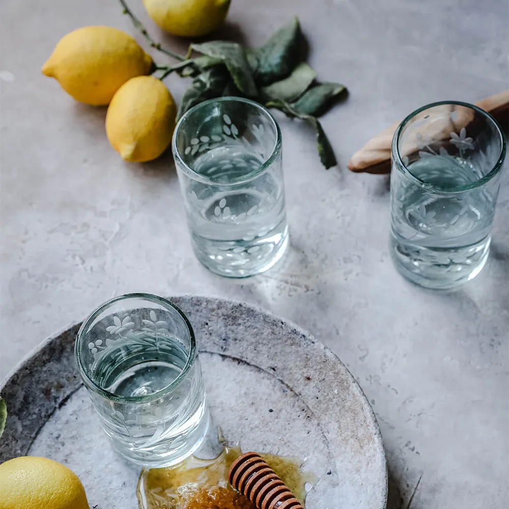 Hand-etched Floral Recycled Glassware - Short