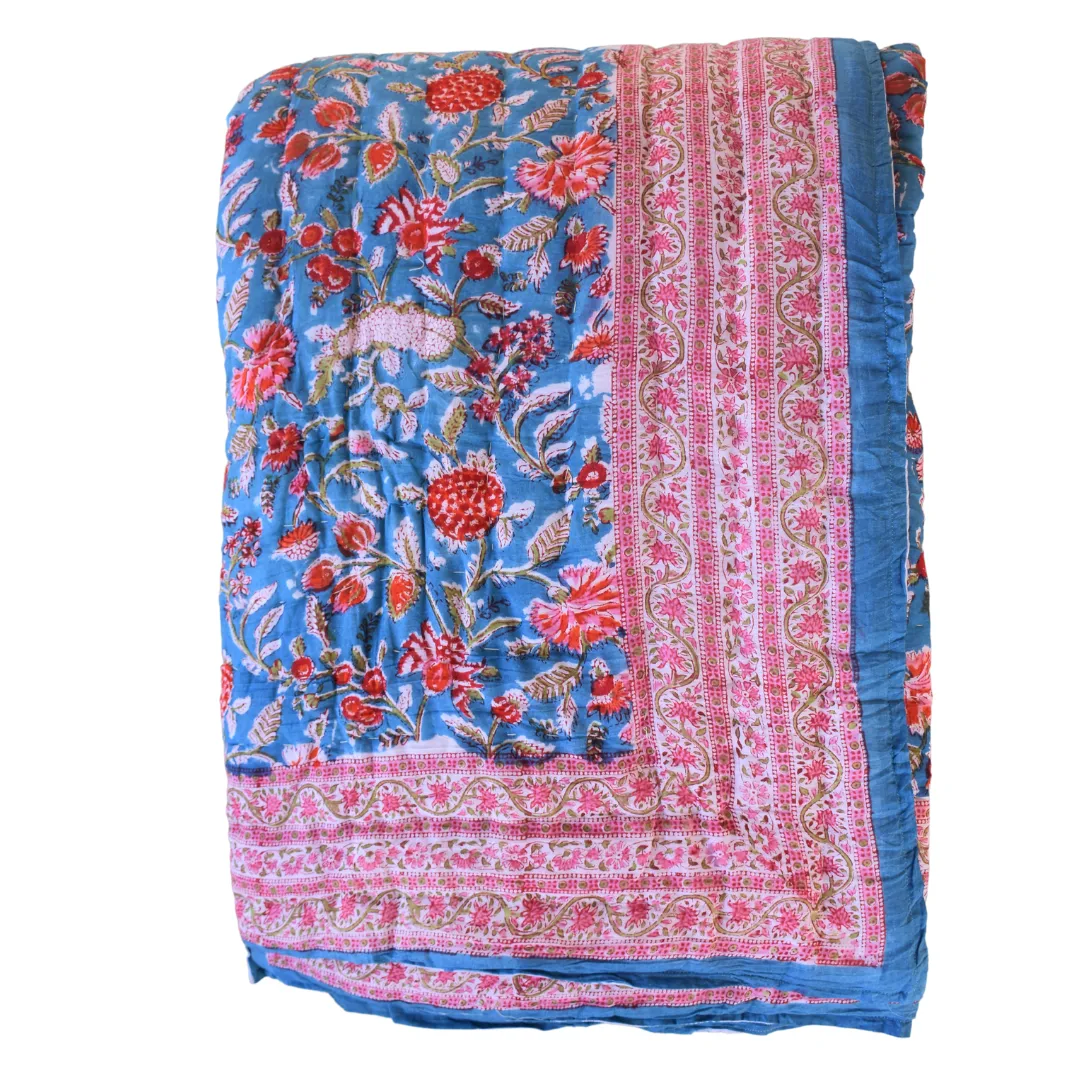 Handblock Printed Cotton Quilt - Blue / Red (Queen)