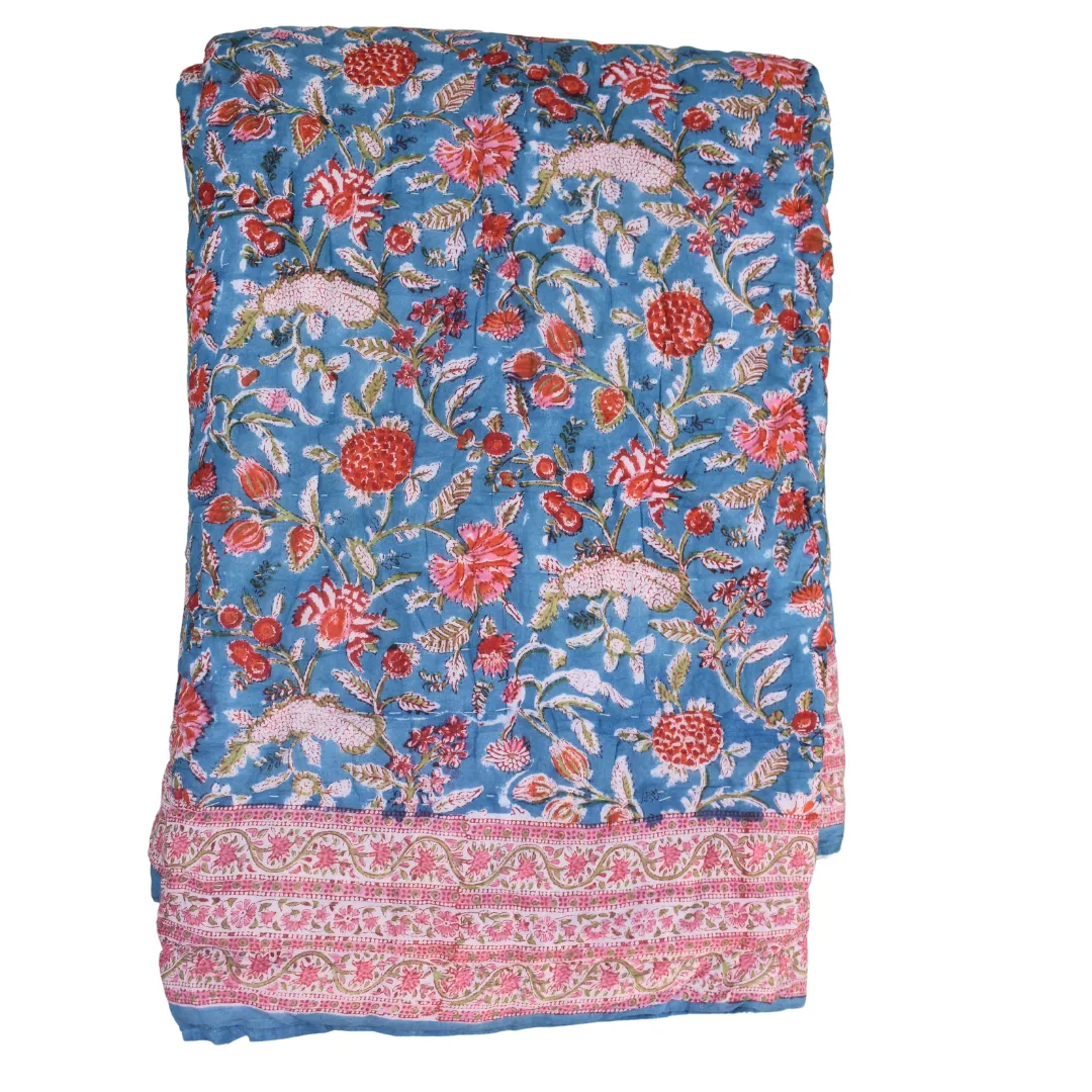 Handblock Printed Cotton Quilt - Blue / Red (Queen)