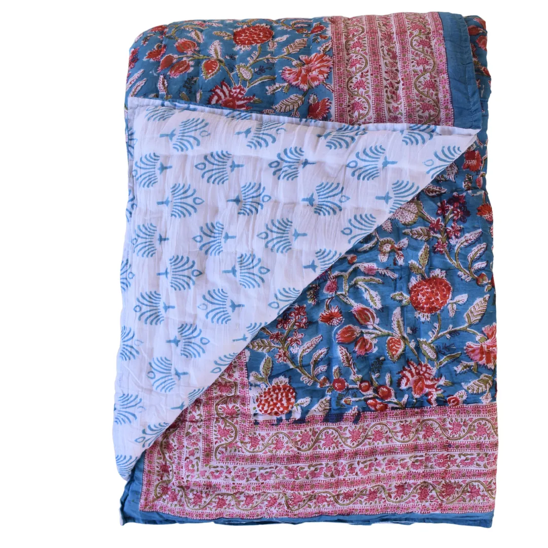 Handblock Printed Cotton Quilt - Blue / Red (Queen)