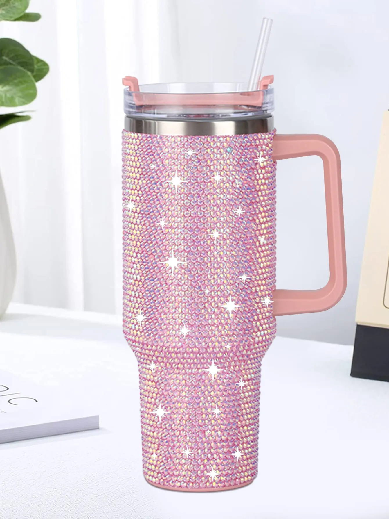 Handle Car Sticker Diamond Decor Stainless Steel Vacuum Insulated Cup