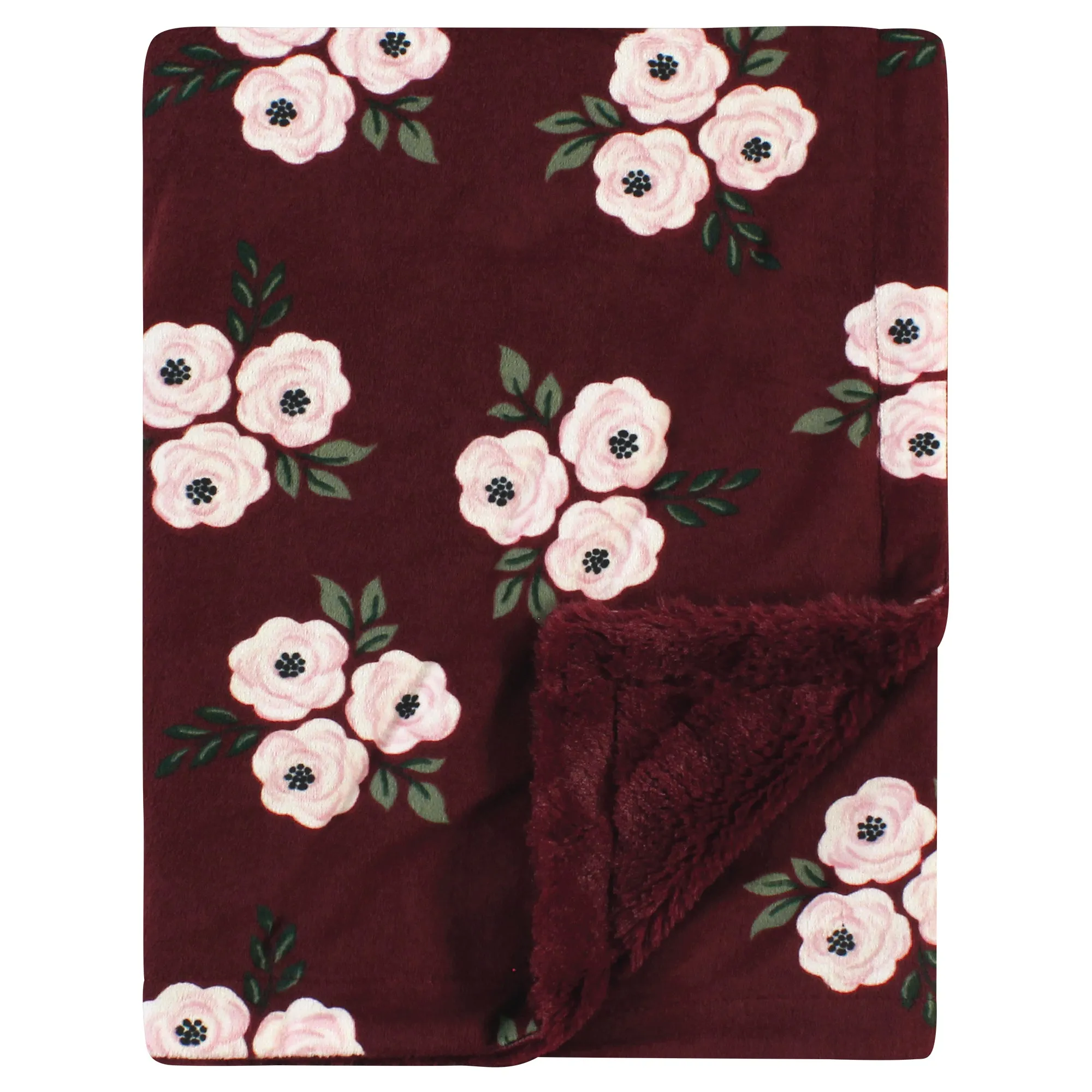 Hudson Baby Plush Blanket with Furry Binding and Back, Burgundy Floral