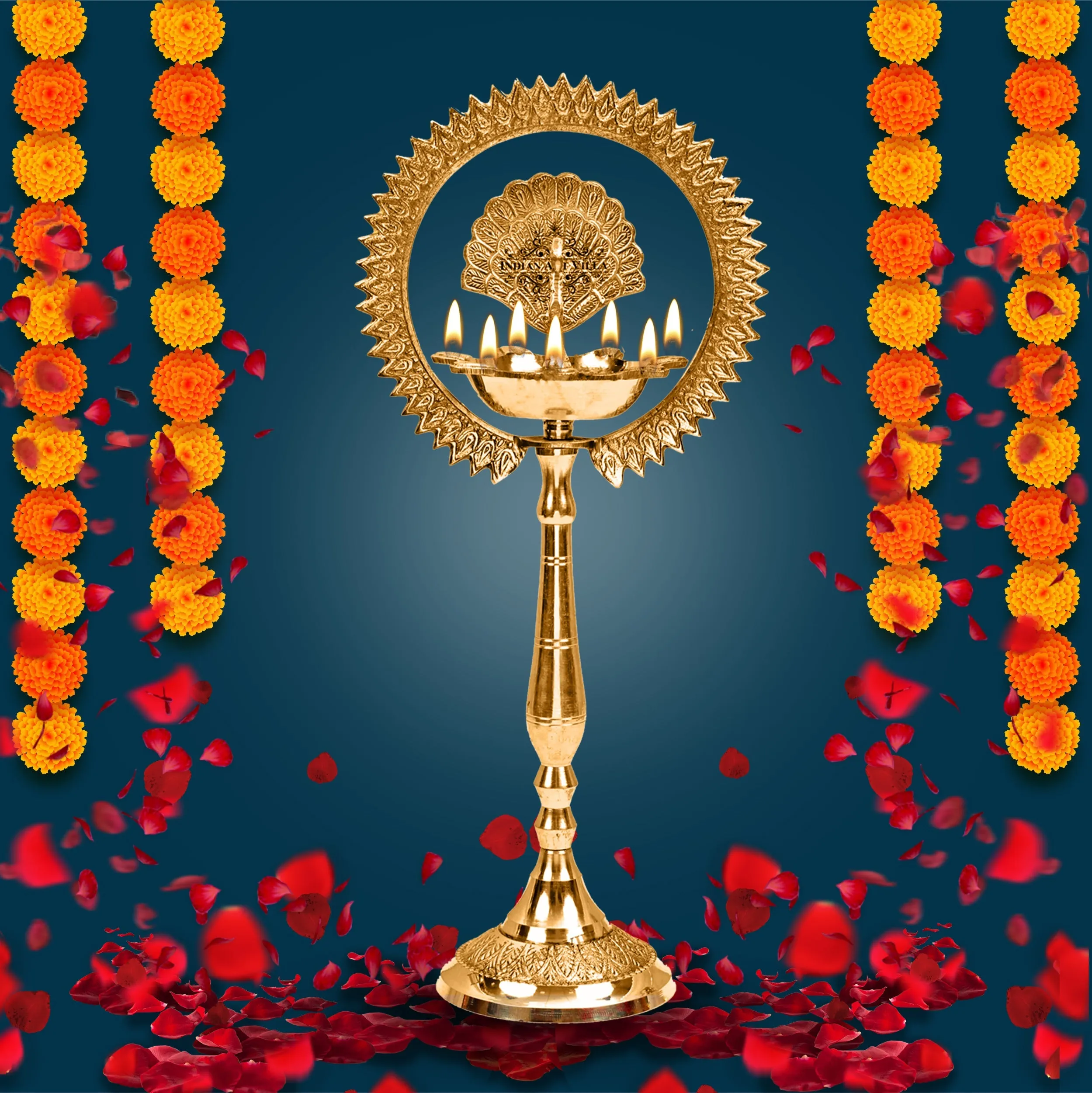 IndianArtVilla Pure Brass Stand Pillar Diya With Kerala Mor Kiran 3 Deepak Design