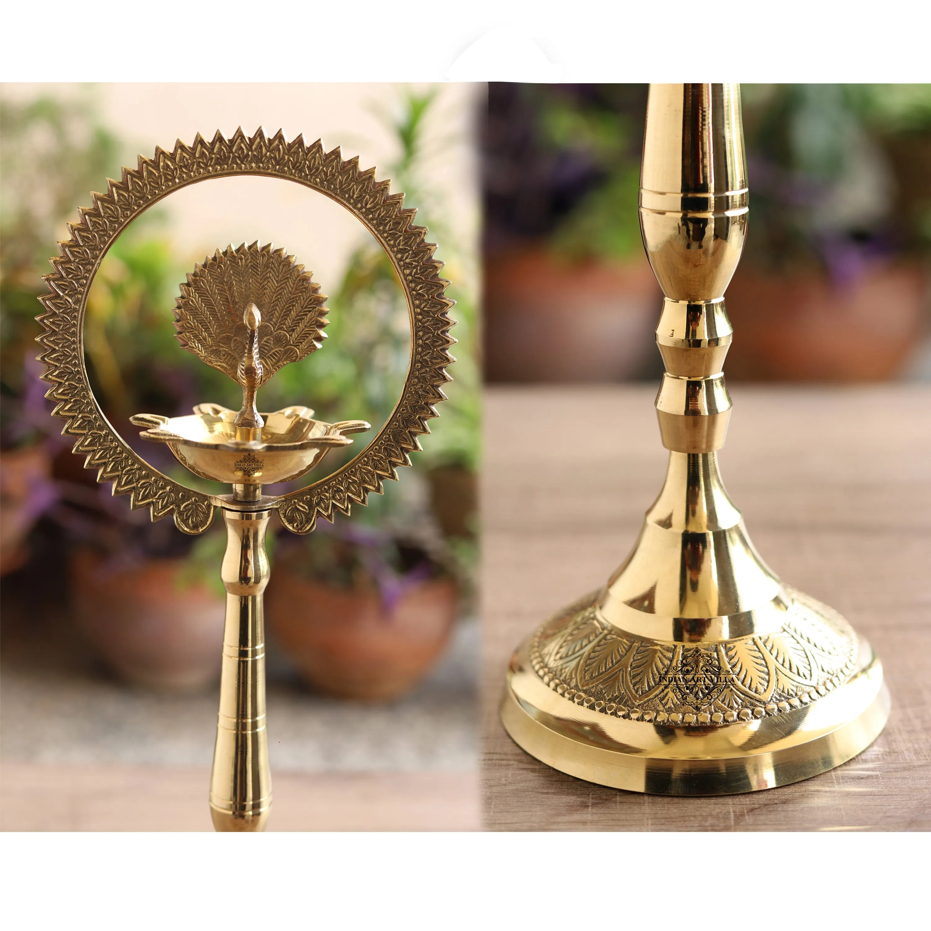 IndianArtVilla Pure Brass Stand Pillar Diya With Kerala Mor Kiran 3 Deepak Design