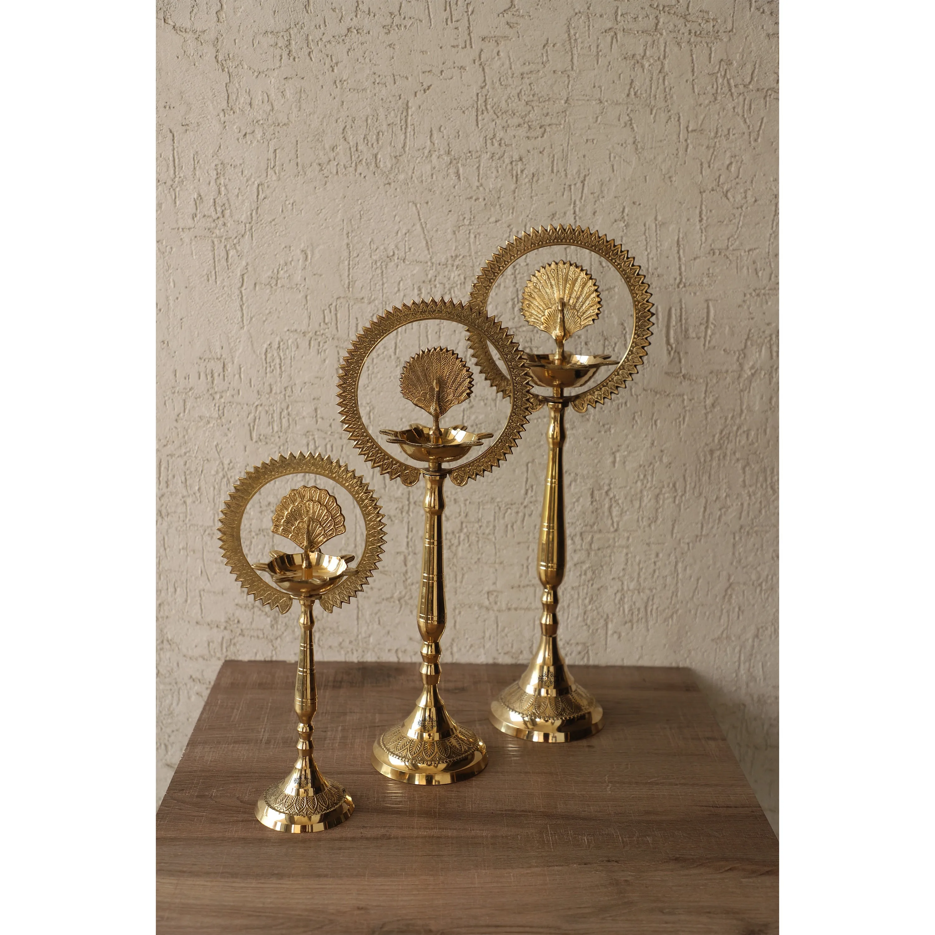 IndianArtVilla Pure Brass Stand Pillar Diya With Kerala Mor Kiran 3 Deepak Design