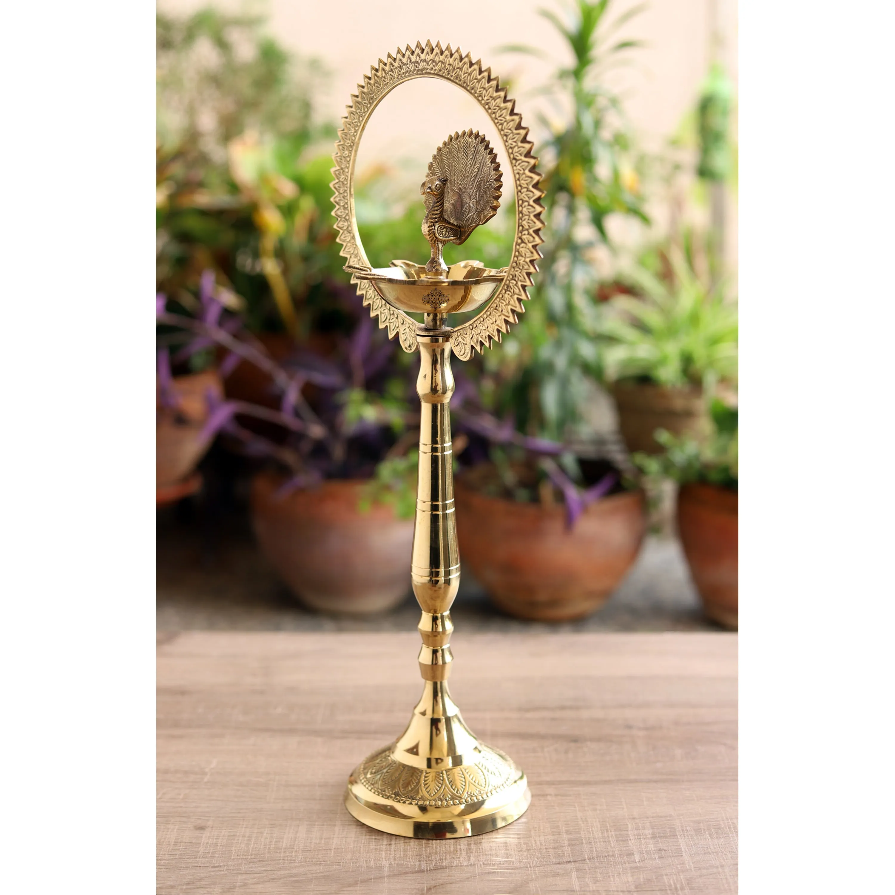 IndianArtVilla Pure Brass Stand Pillar Diya With Kerala Mor Kiran 3 Deepak Design