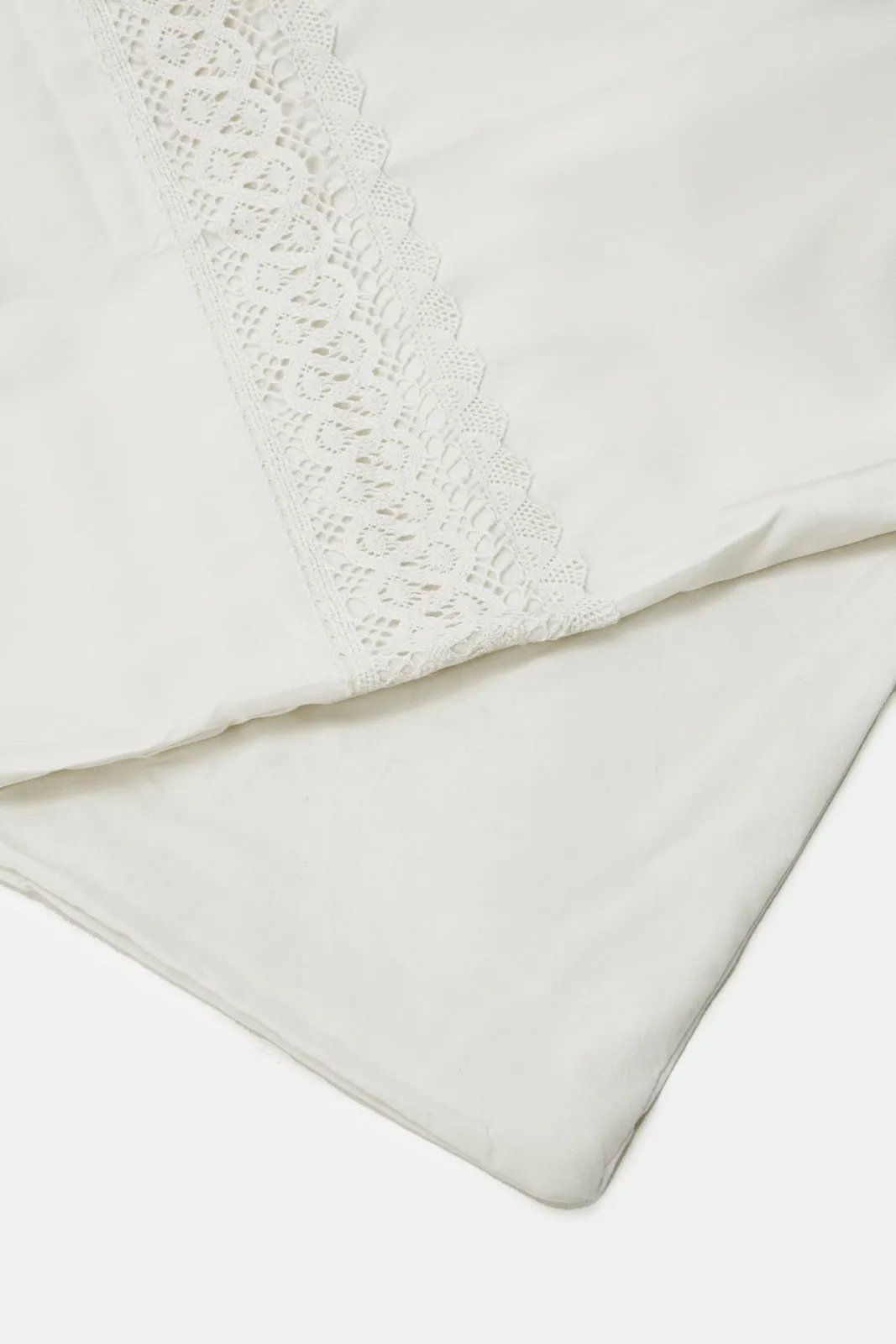 Ivory 3 Piece Lace Trim Duvet Cover Set (Double Size)