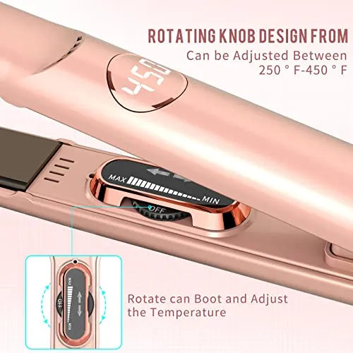 K&K Hair Straightener with LCD Display Adjustable Temperature 1 Inch Small Flat Iron for Short Hair Tourmaline Titanium Dual Voltage Auto Shut Off 4D 360°Swivel (Rose)