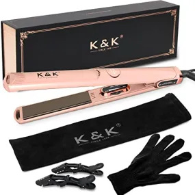 K&K Hair Straightener with LCD Display Adjustable Temperature 1 Inch Small Flat Iron for Short Hair Tourmaline Titanium Dual Voltage Auto Shut Off 4D 360°Swivel (Rose)