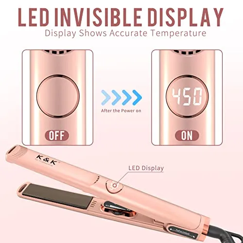 K&K Hair Straightener with LCD Display Adjustable Temperature 1 Inch Small Flat Iron for Short Hair Tourmaline Titanium Dual Voltage Auto Shut Off 4D 360°Swivel (Rose)