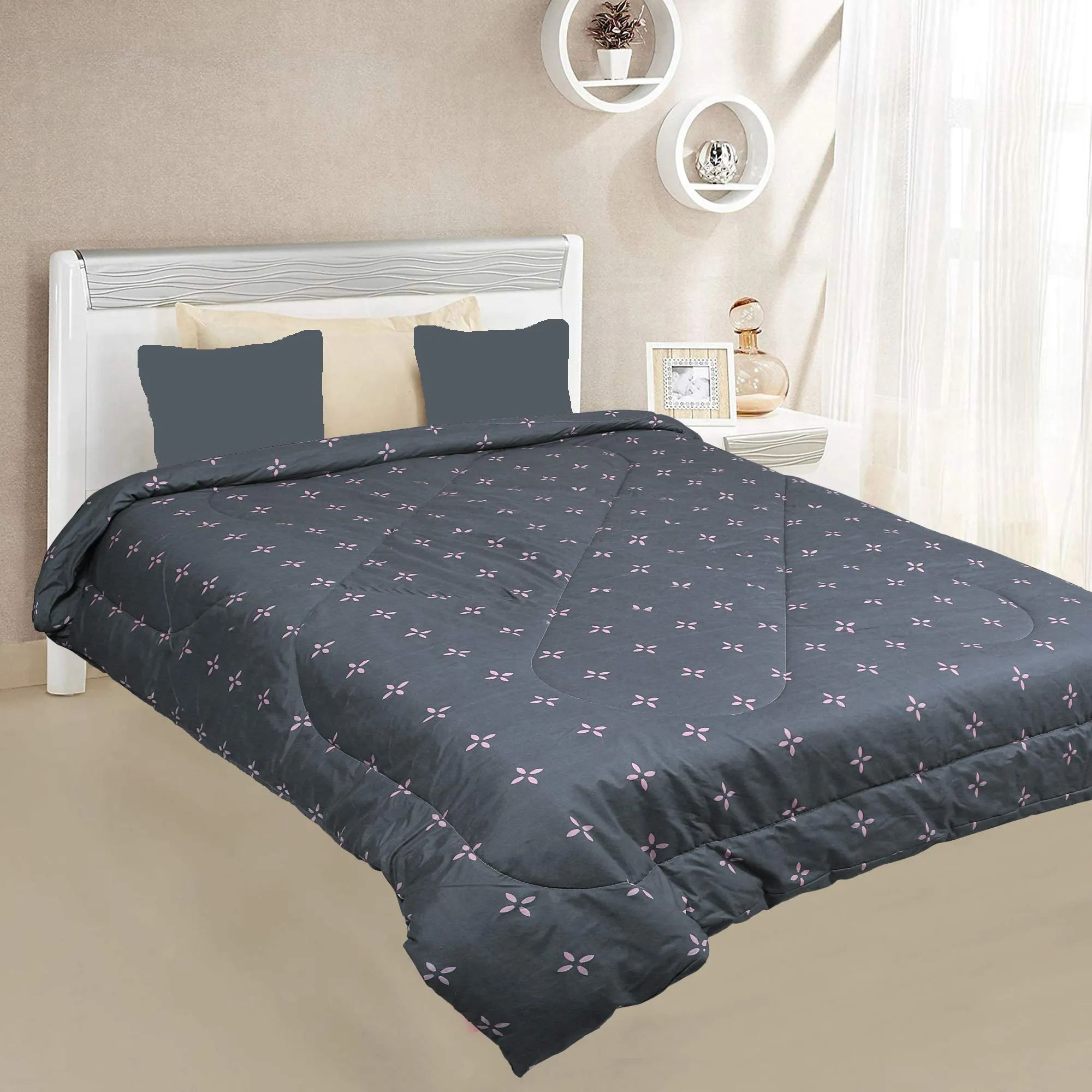 Kuber Industries Floral Design Microfibre Reversible Comforter, Double (Black 150 GSM)- CTKTC033154