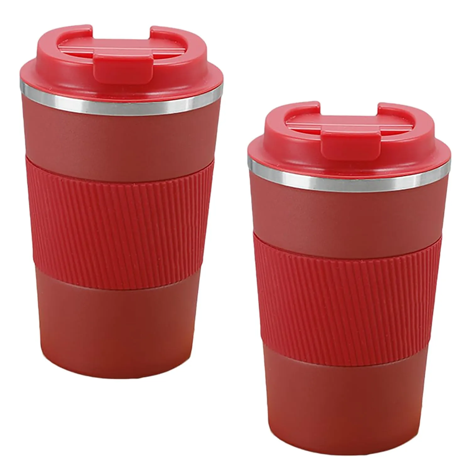 Kuber Industries Stainless Steel Insulated Coffee Mug with Sleeve|Travel Coffee Mug 380 ML-Pack of 2|Red|