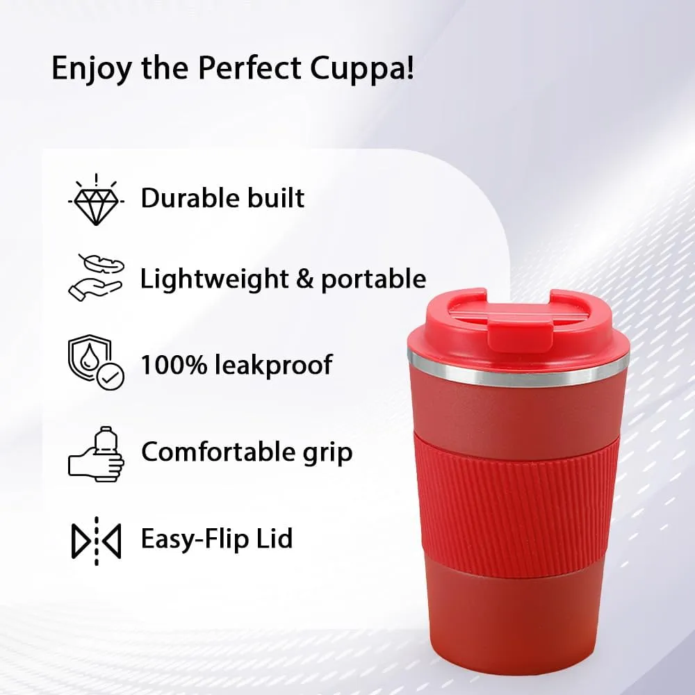 Kuber Industries Stainless Steel Insulated Coffee Mug with Sleeve|Travel Coffee Mug 380 ML-Pack of 2|Red|