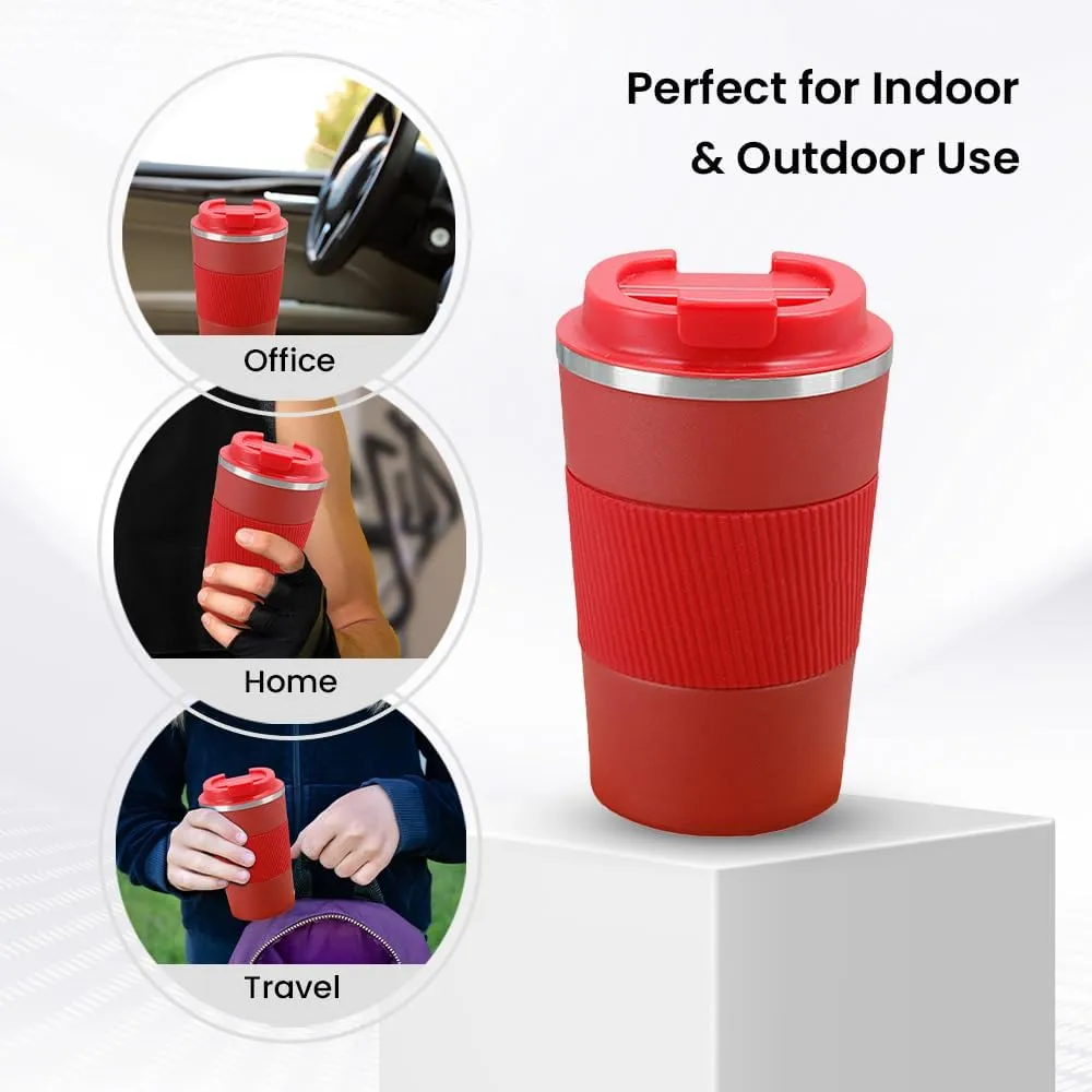 Kuber Industries Stainless Steel Insulated Coffee Mug with Sleeve|Travel Coffee Mug 380 ML-Pack of 2|Red|