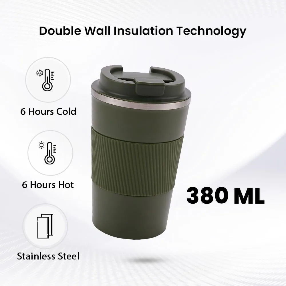 Kuber Industries Stainless Steel Insulated Coffee Mug with Sleeve|Travel Coffee Mug 380 ML-Pack of 6|Green|