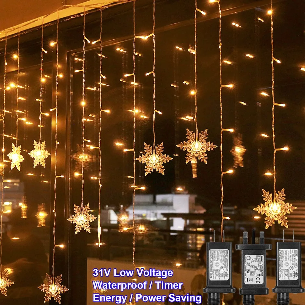 LED Snowflake Lights Window Curtain Garland Christmas Decoration Waterproof Outdoor Fairy String Light 31V  8 Modes