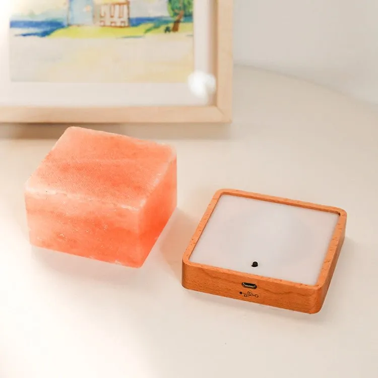 LED Square Wooden Base Himalayan Crystal Salt Lamp