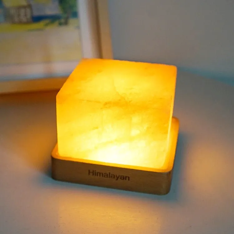 LED Square Wooden Base Himalayan Crystal Salt Lamp