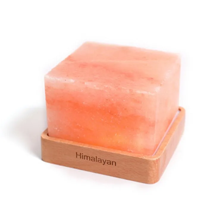 LED Square Wooden Base Himalayan Crystal Salt Lamp