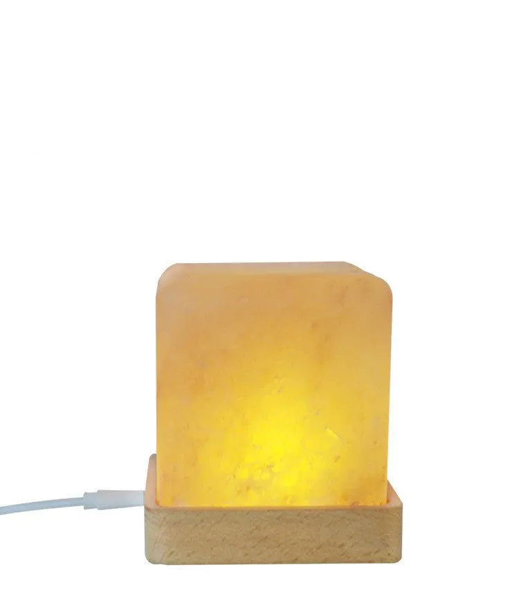 LED Square Wooden Base Himalayan Crystal Salt Lamp