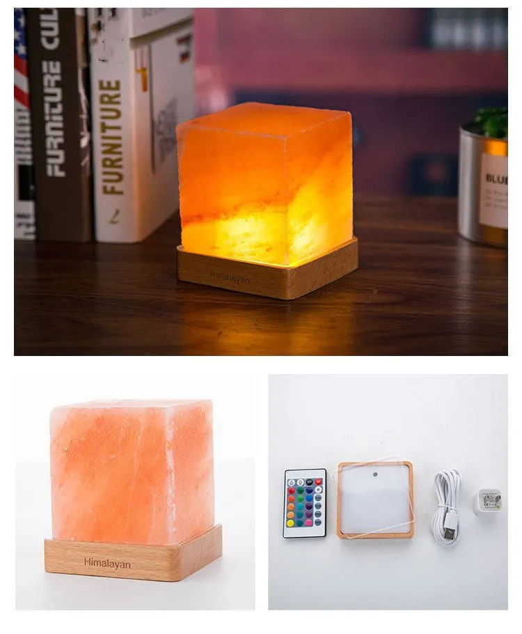 LED Square Wooden Base Himalayan Crystal Salt Lamp