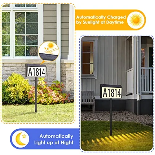 MAXvolador Solar Powered Address Sign House Numbers Waterproof, 3-Color Lighting Modes LED Illuminated Address Wall Plaque with Stakes, Outdoor Wall Mounted & In Ground Address Number for Home Yard