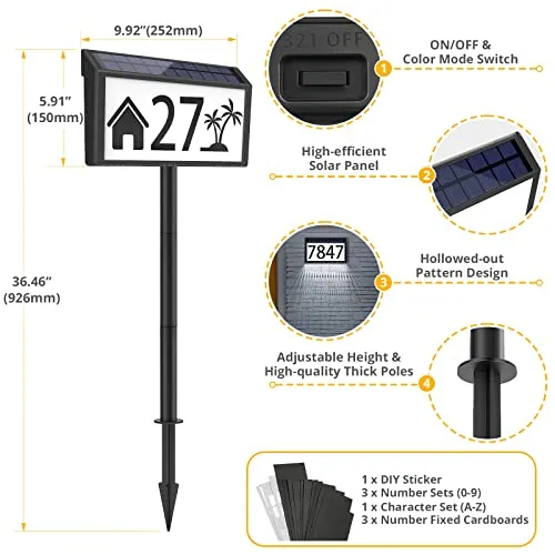 MAXvolador Solar Powered Address Sign House Numbers Waterproof, 3-Color Lighting Modes LED Illuminated Address Wall Plaque with Stakes, Outdoor Wall Mounted & In Ground Address Number for Home Yard