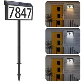 MAXvolador Solar Powered Address Sign House Numbers Waterproof, 3-Color Lighting Modes LED Illuminated Address Wall Plaque with Stakes, Outdoor Wall Mounted & In Ground Address Number for Home Yard