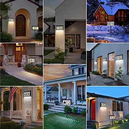 MAXvolador Solar Powered Address Sign House Numbers Waterproof, 3-Color Lighting Modes LED Illuminated Address Wall Plaque with Stakes, Outdoor Wall Mounted & In Ground Address Number for Home Yard