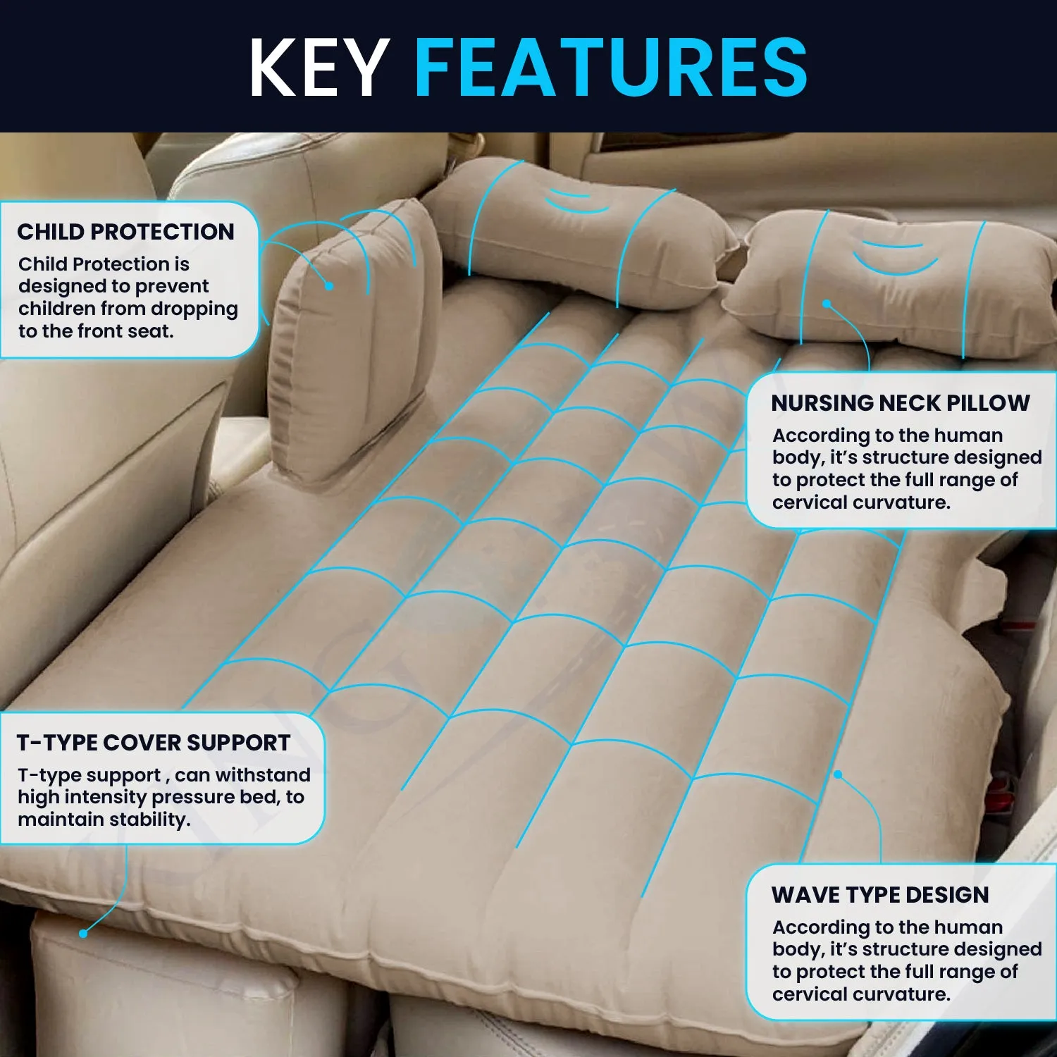 Multifunctional Inflatable Car Bed Mattress with Two Air Pillows, Air Pump and Repair Kit - Universal Use Back Seat Travel Solution - Trips, Camping, Picnic, Pool & Beach | Beige Color