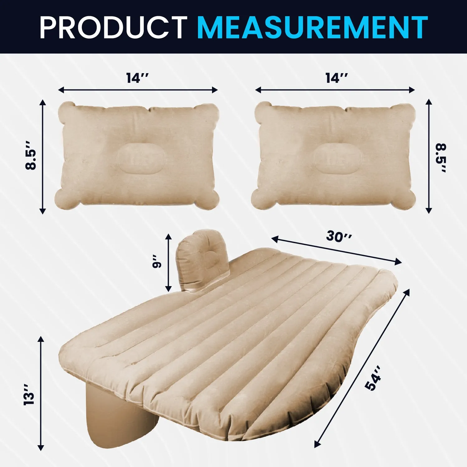 Multifunctional Inflatable Car Bed Mattress with Two Air Pillows, Air Pump and Repair Kit - Universal Use Back Seat Travel Solution - Trips, Camping, Picnic, Pool & Beach | Beige Color