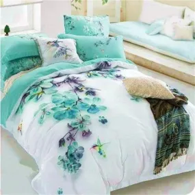 Mysterious Blue Flower and Hummingbird Print Luxury 4-Piece Cotton Bedding Sets/Duvet Cover