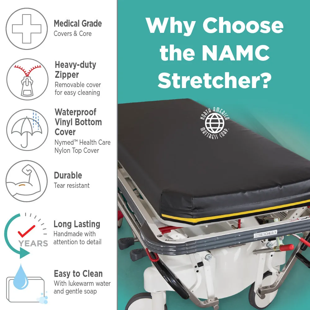 NAMC 4" Standard Stretcher Pad with Color Identifier - 26"x76" - 12" Taper @ Head; 4" @ Foot