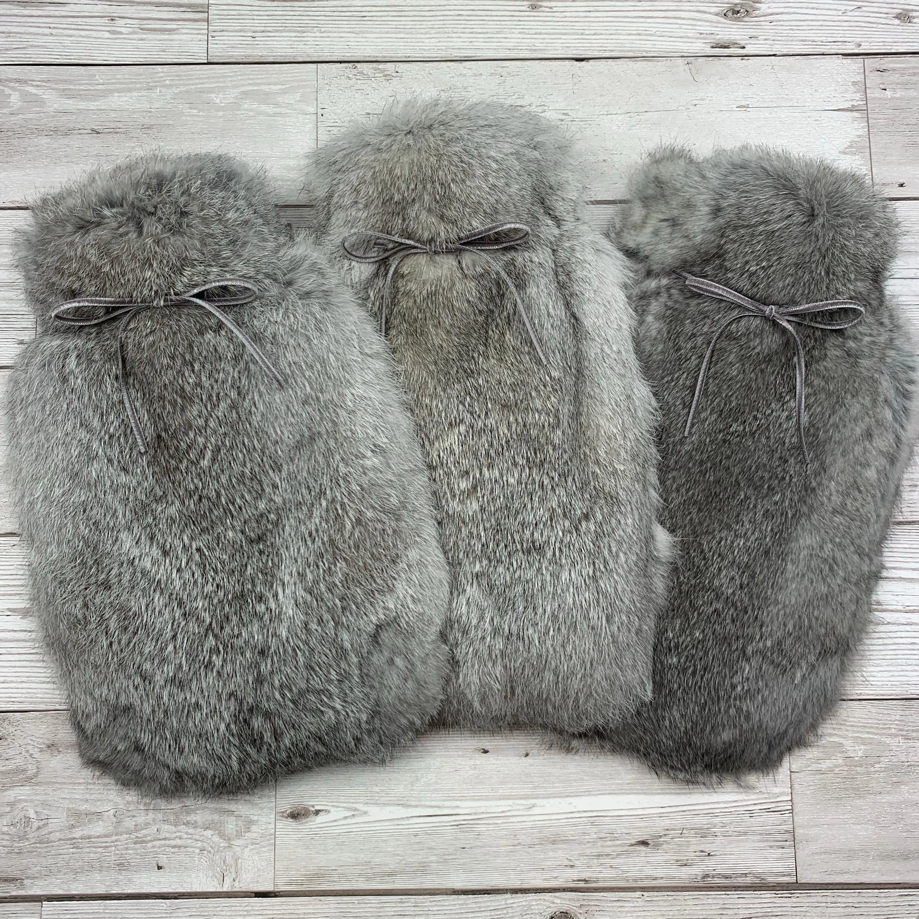 Natural Grey Marl Rabbit Fur Hot Water Bottle - Small