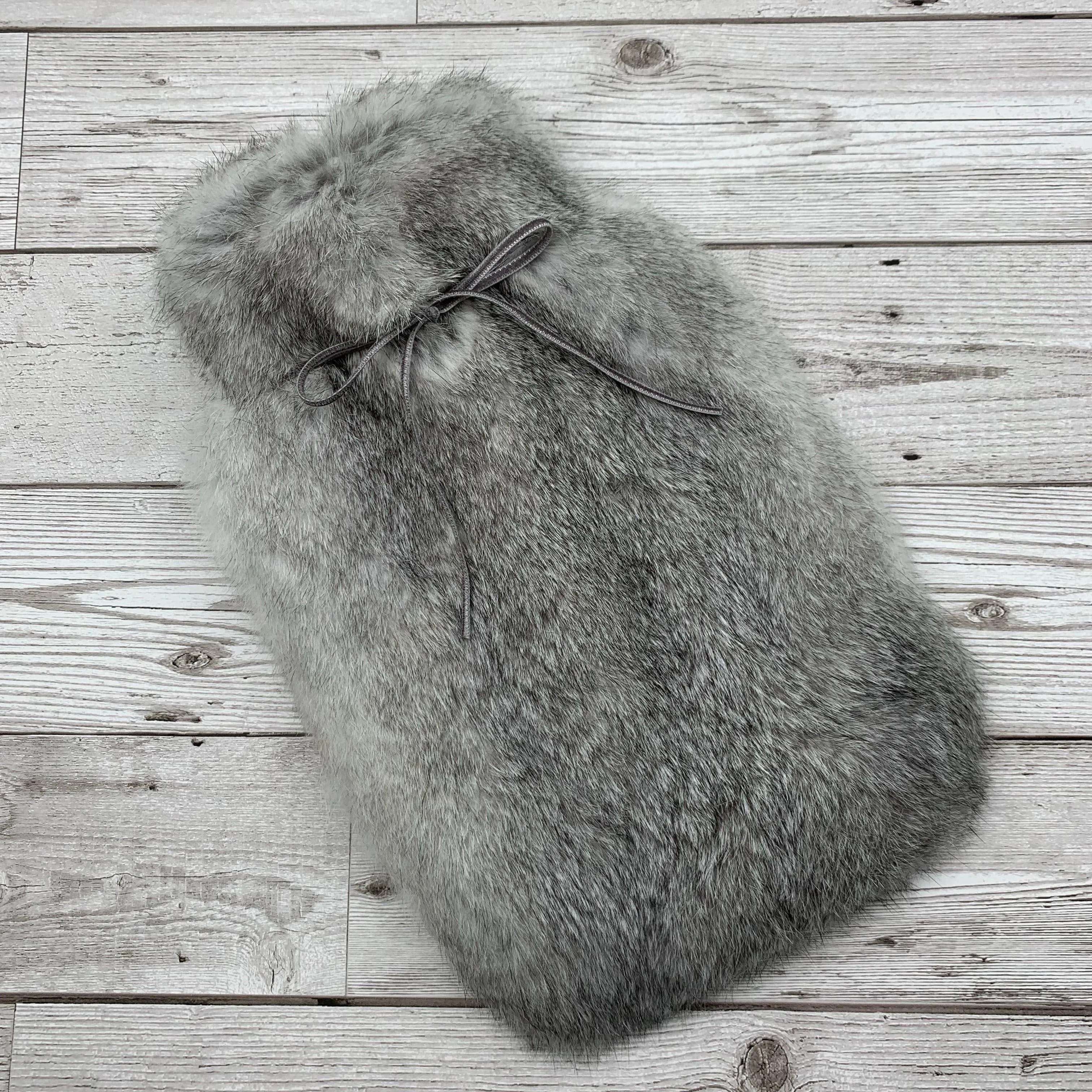 Natural Grey Marl Rabbit Fur Hot Water Bottle - Small