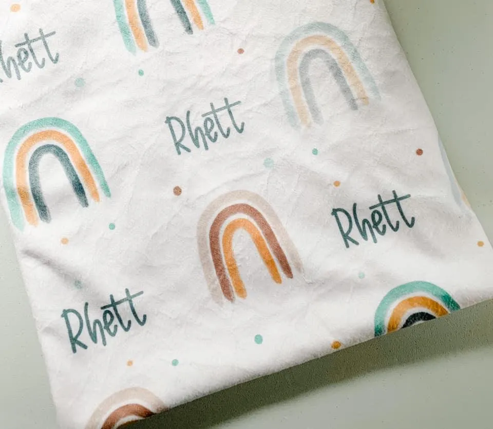 Neutral Rainbow Print (Mustard/Teal) Personalized Minky Blanket (Plush Minky)