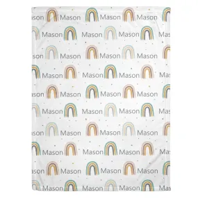 Neutral Rainbow Print (Mustard/Teal) Personalized Minky Blanket (Plush Minky)