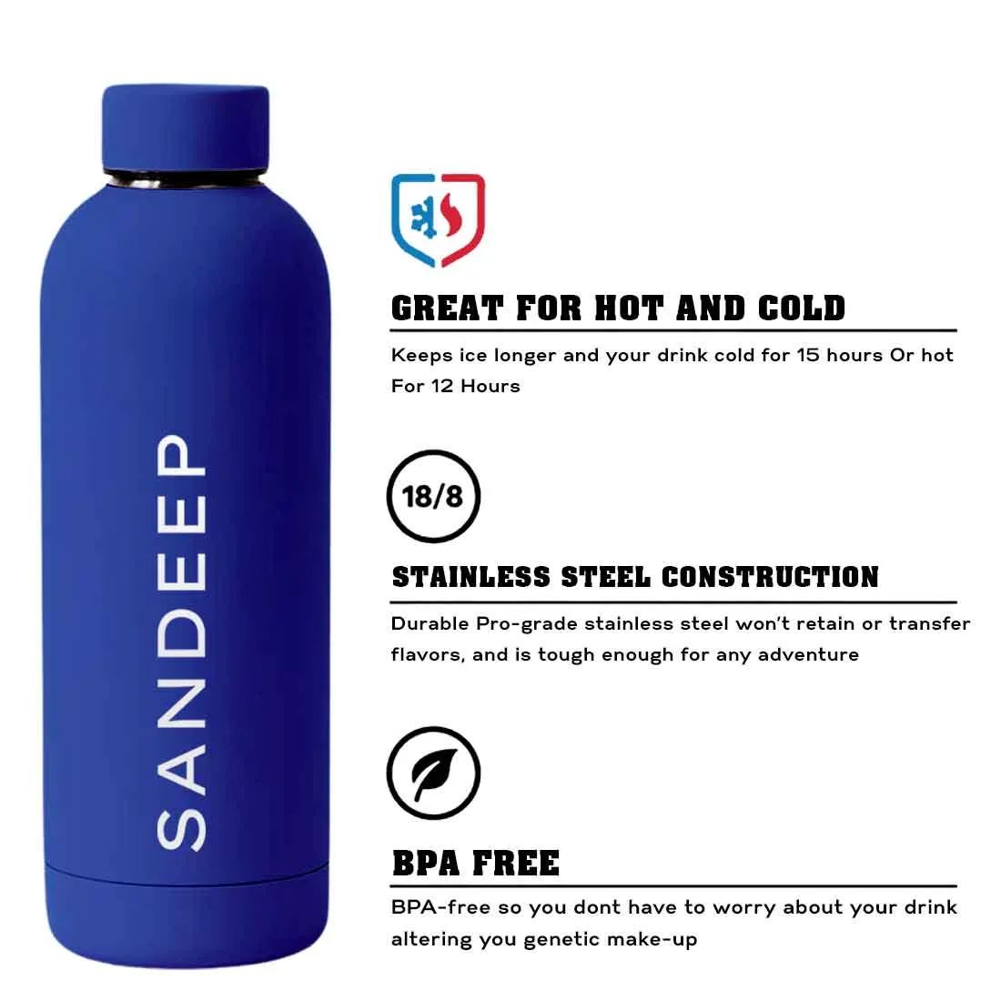 Nutcase Personalized Water Bottle Stainless Steel Double Insulated 500ml Bottles for Office Home Travel- BPA Free, Leakproof