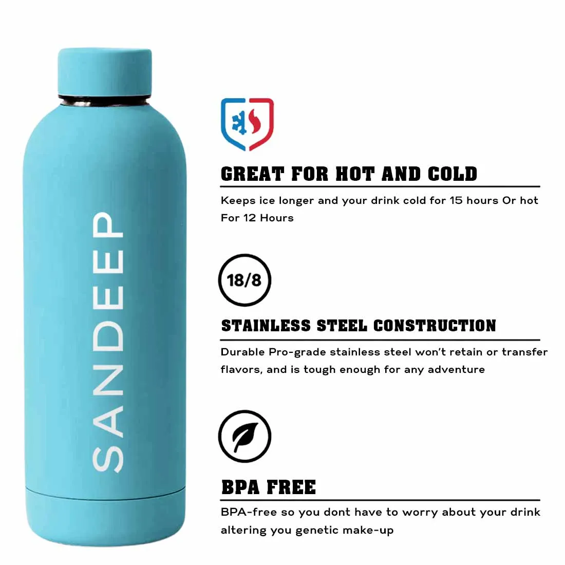 Nutcase Personalized Water Bottle Stainless Steel Double Insulated 500ml Bottles for Office Home Travel- BPA Free, Leakproof