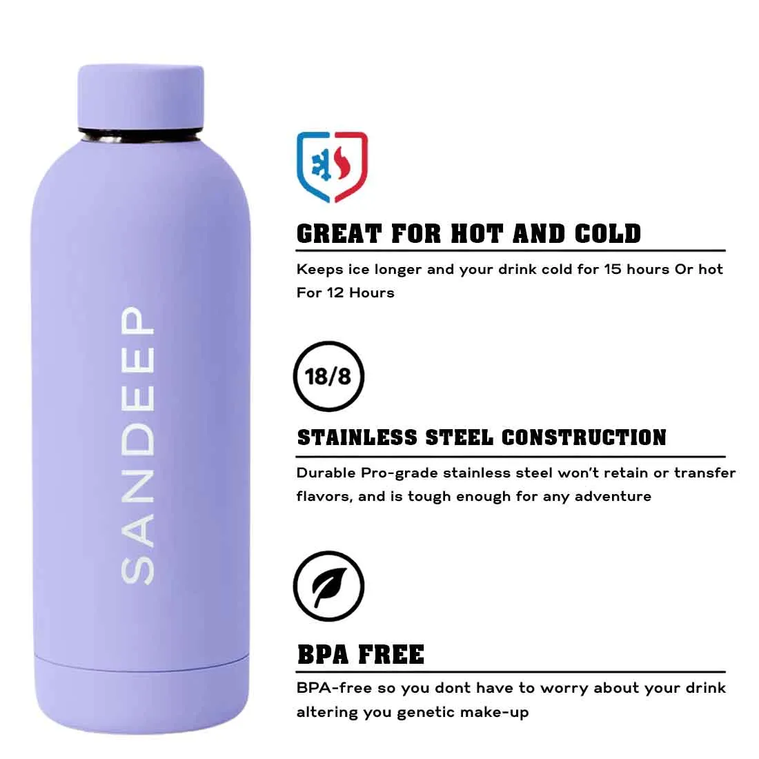 Nutcase Personalized Water Bottle Stainless Steel Double Insulated 500ml Bottles for Office Home Travel- BPA Free, Leakproof