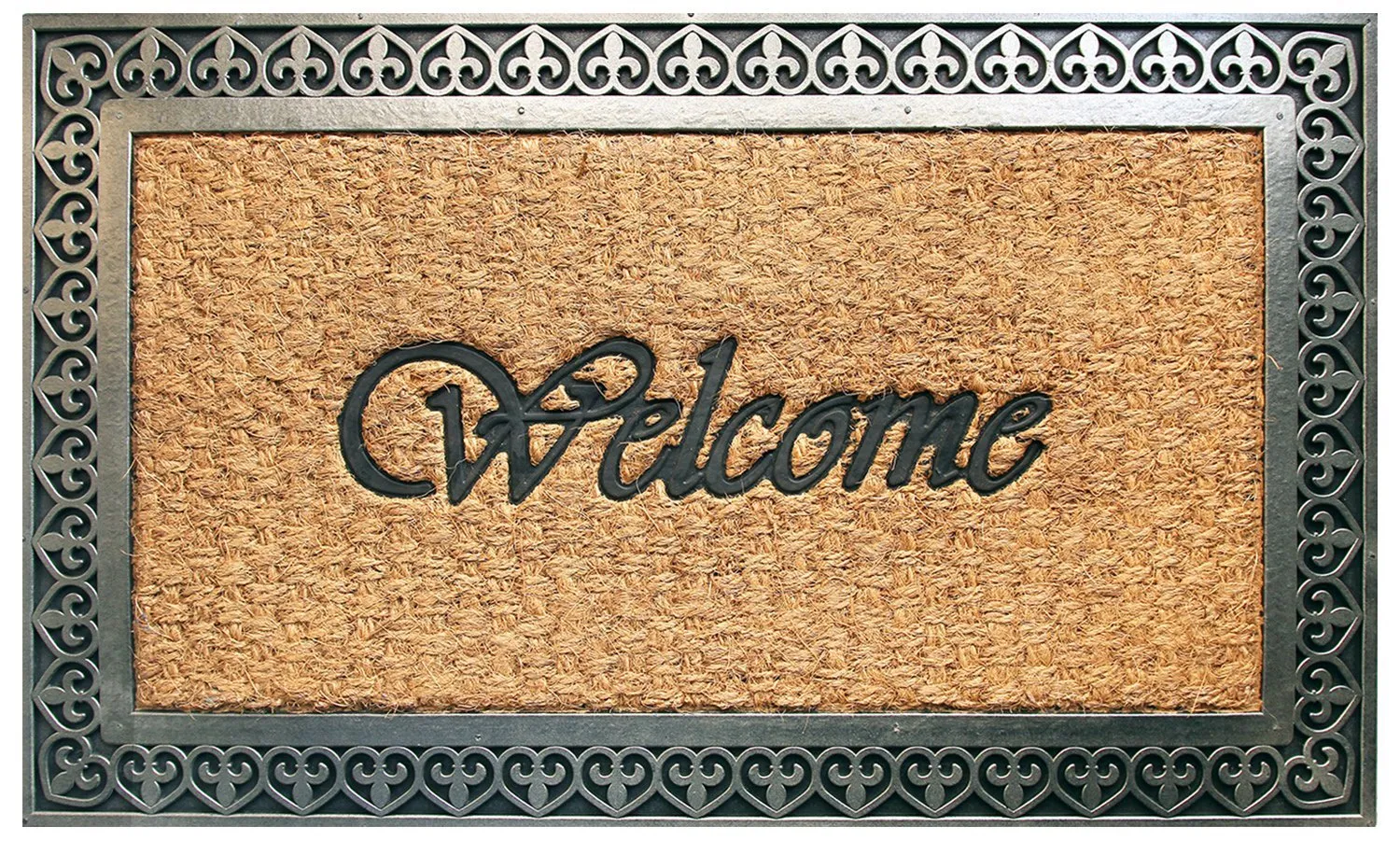 OnlyMat Elegant "Welcome" Printed Natural Coir Door Mat with Cast Iron Design Moulded Rubber Border