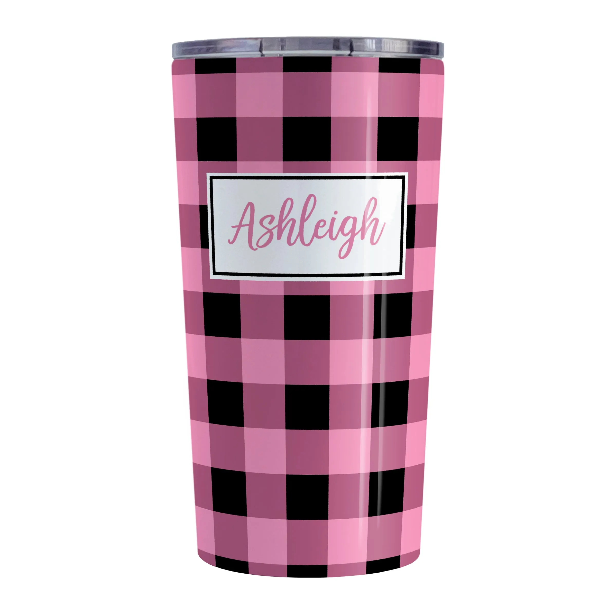 Personalized Light Pink and Black Buffalo Plaid Tumbler Cup